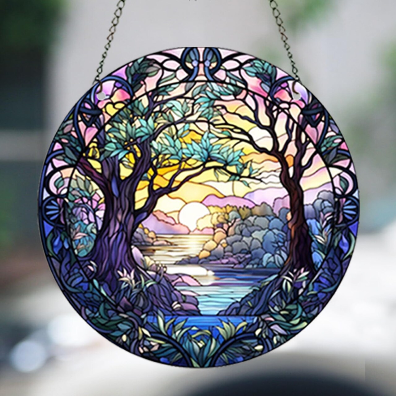 Summer Tree Life Acrylic Window Hanging Nature Round Sun Catcher Round Sun Catcher Home Decor Forest Stained Sun Catcher Window Decor Wall Art for Home Office Decoration (Style B)